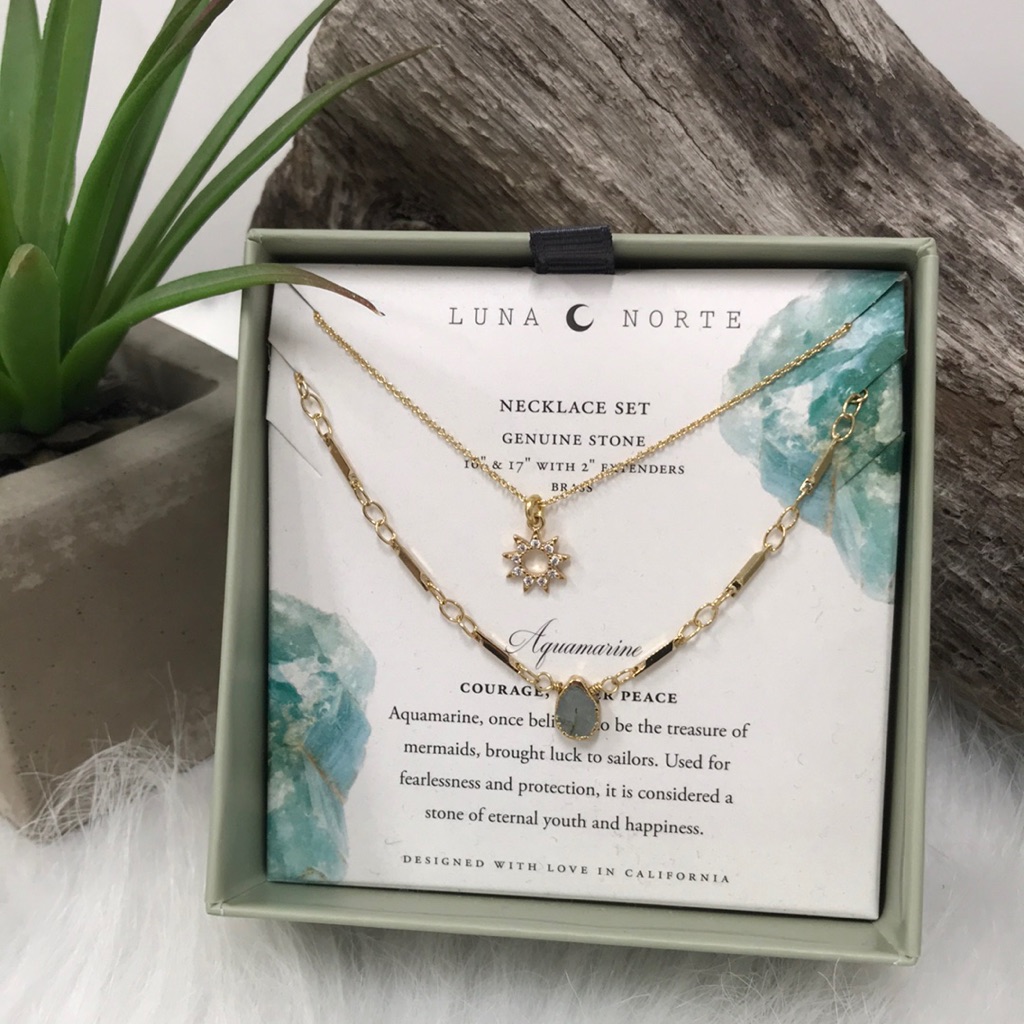 Luna Norte Aquamarine Genuine Stone Sun Layering Necklace Set 34$